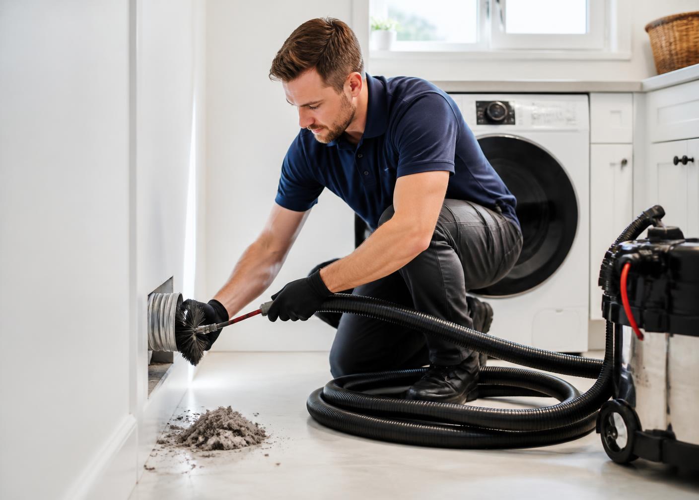 Technician clearing lint from a dryer vent duct in a bright modern laundry room