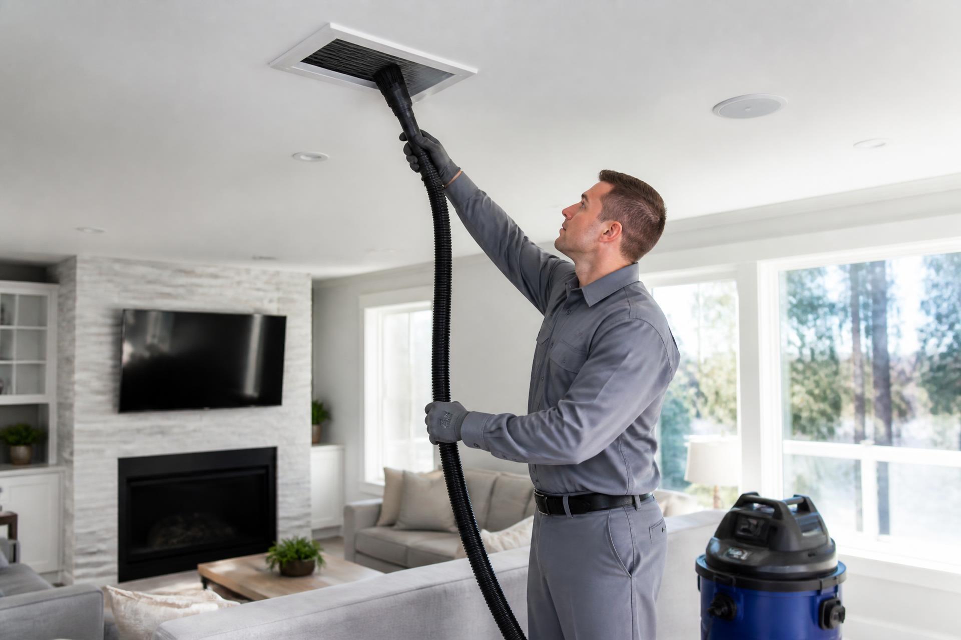 Uniformed technician cleaning a ceiling air vent with a professional vacuum hose in a bright modern living room